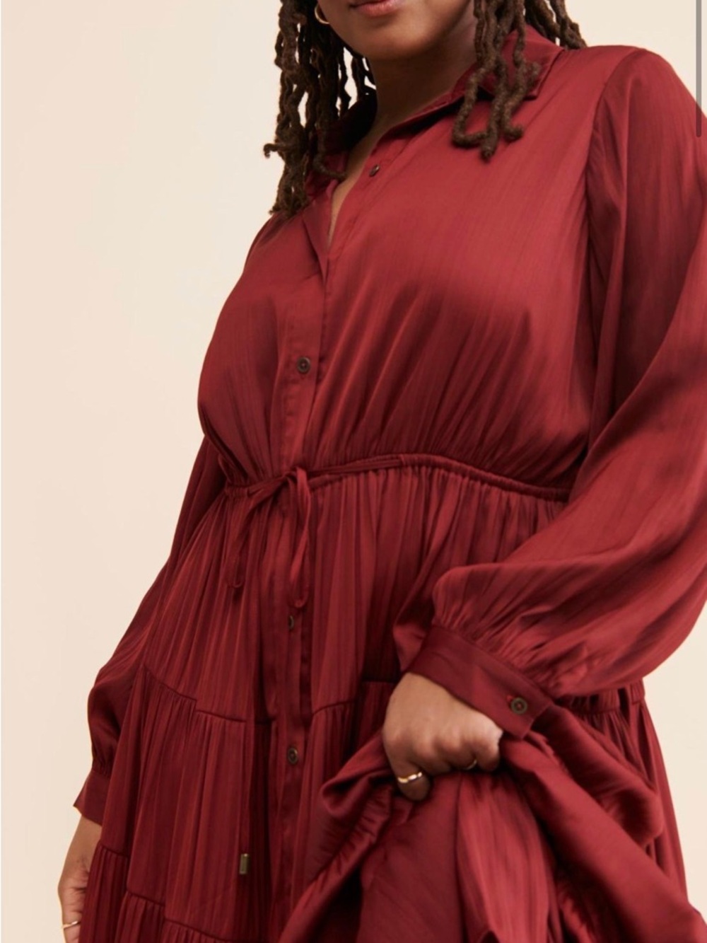 Anthropologie Long Sleeve Tiered Maxi Dress - Crimson Red - Picture 2 of 9